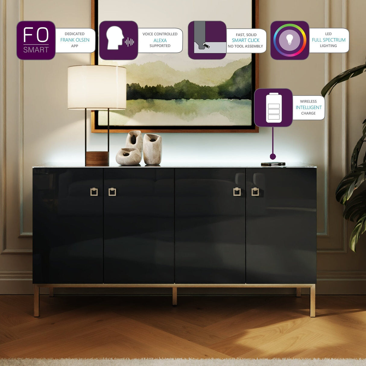 Frank Olsen Lyra Midnight Black Sideboard with Mood Lighting & Wireless Phone Charging