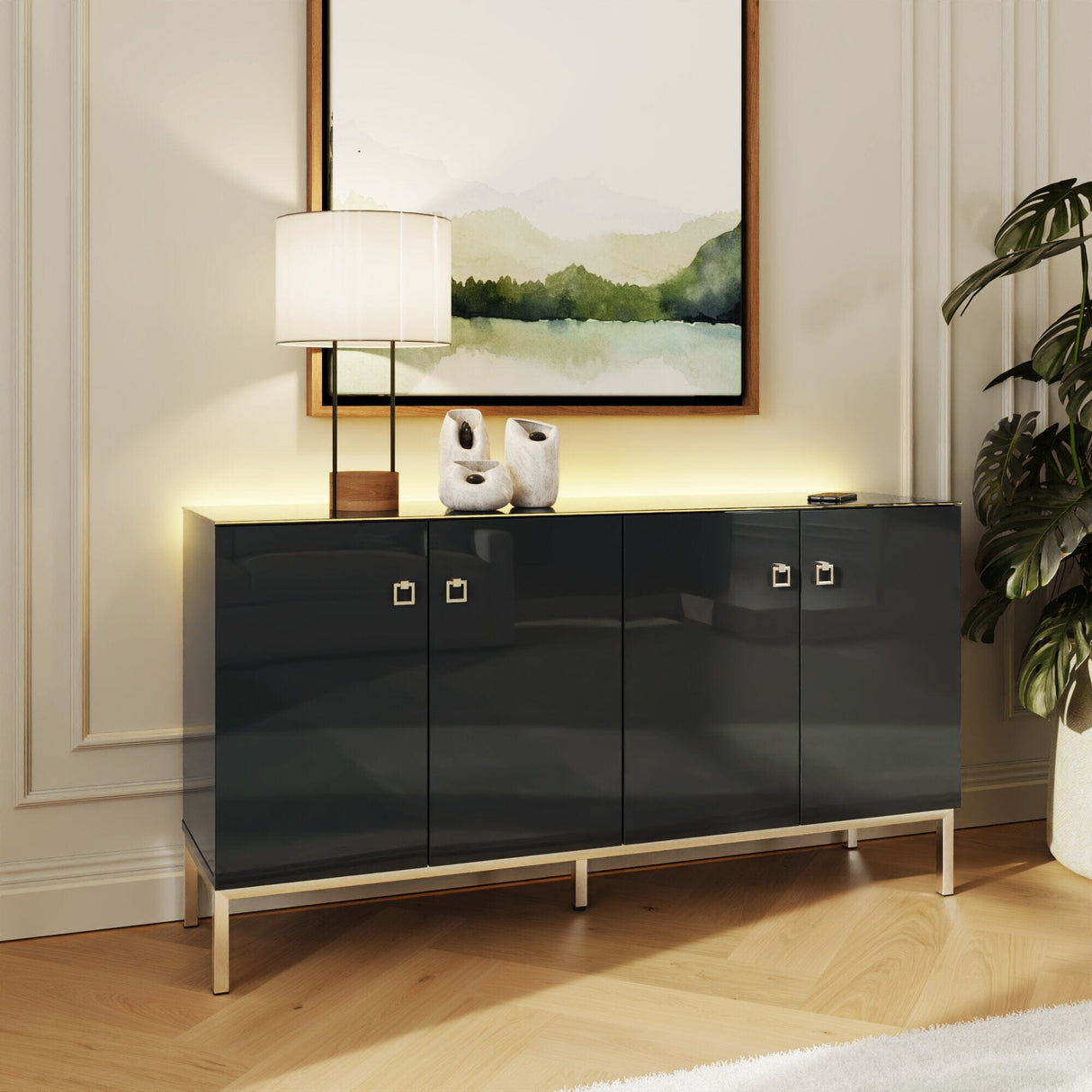 Frank Olsen Lyra Midnight Black Sideboard with Mood Lighting & Wireless Phone Charging