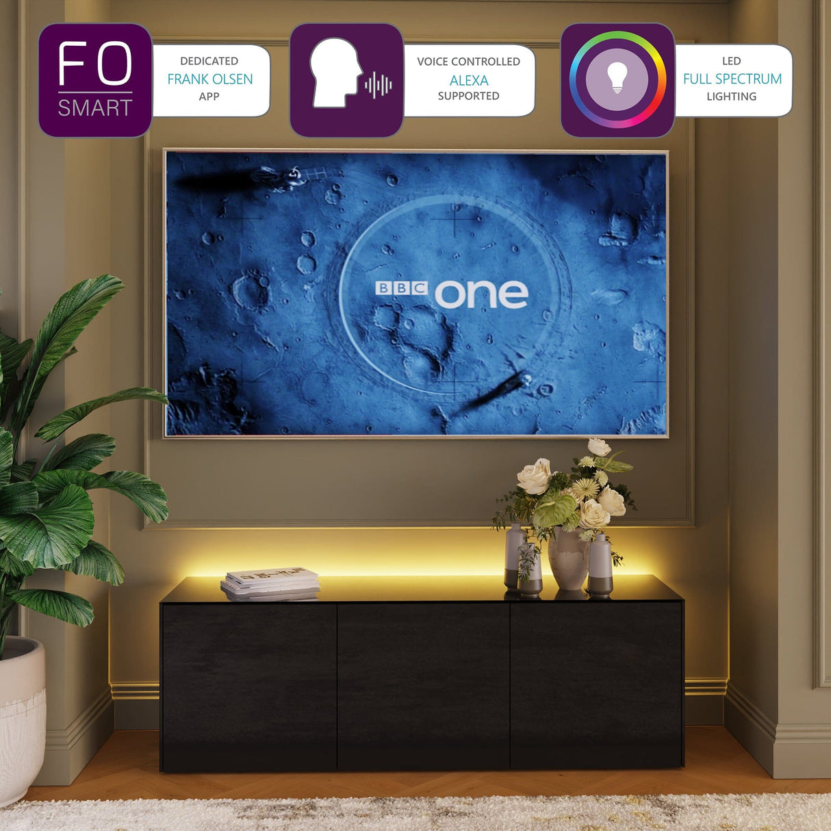 Frank Olsen High Gloss Black 1500mm TV Cabinet with LED Lighting and Wireless Phone Charging