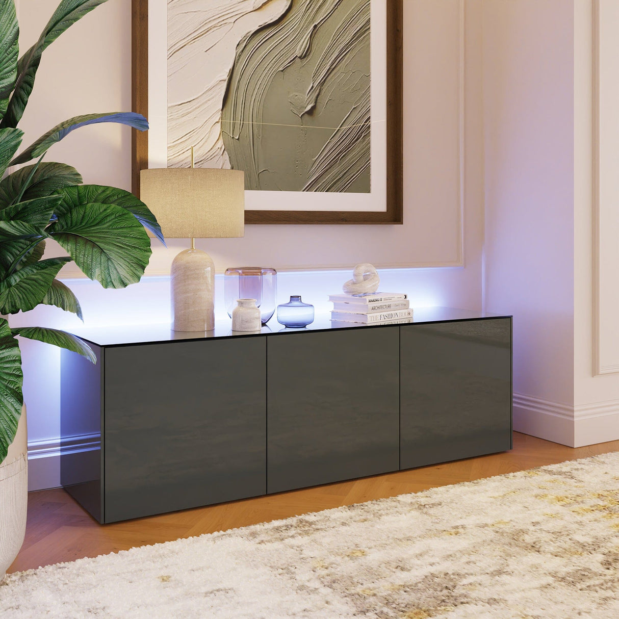 Frank Olsen High Gloss Grey 1500mm TV Cabinet with LED Lighting and Wireless Phone Charging