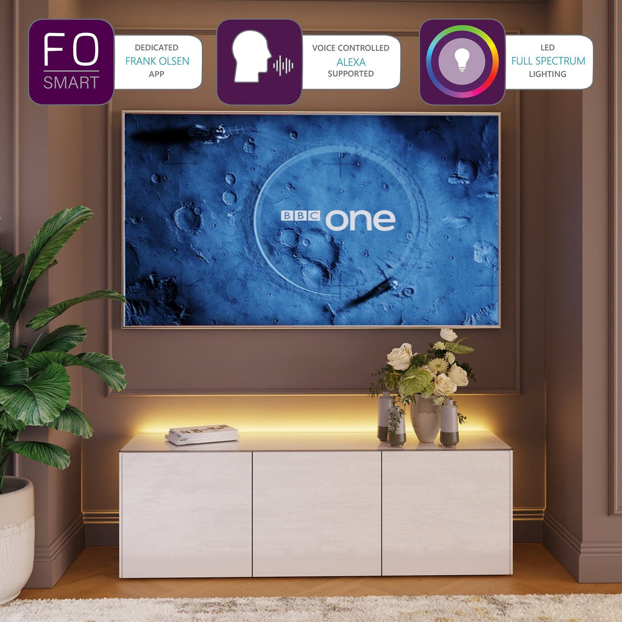 Frank Olsen High Gloss White 1500mm TV Cabinet with LED Lighting and Wireless Phone Charging