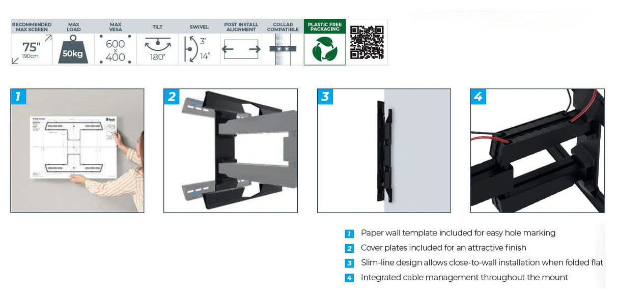 B-Tech BT8227 - Ultra Slim Double Arm TV Wall Mount, Tilt and Swivel