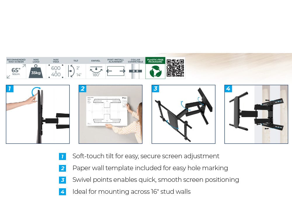 B-Tech BT8229 - Black Ultra Slim Double Arm TV Wall Mount, Tilt and Swivel