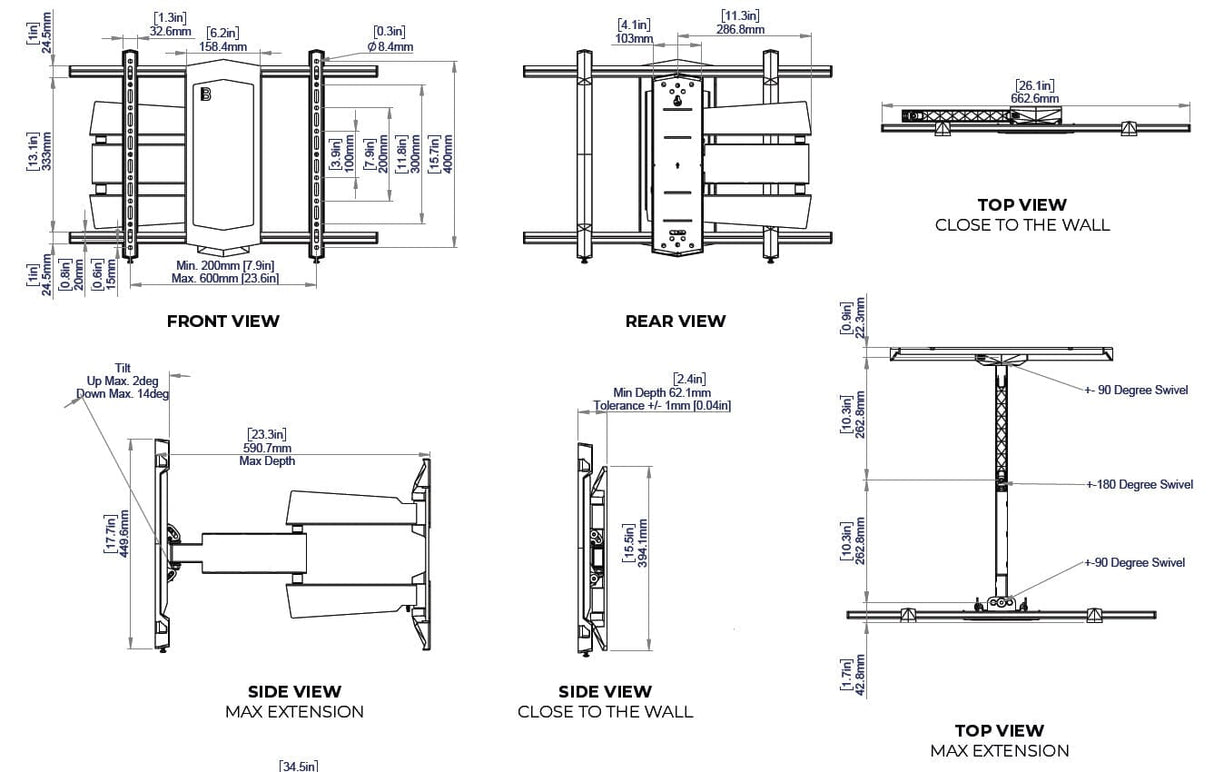 B-Tech BT8229 - Black Ultra Slim Double Arm TV Wall Mount, Tilt and Swivel