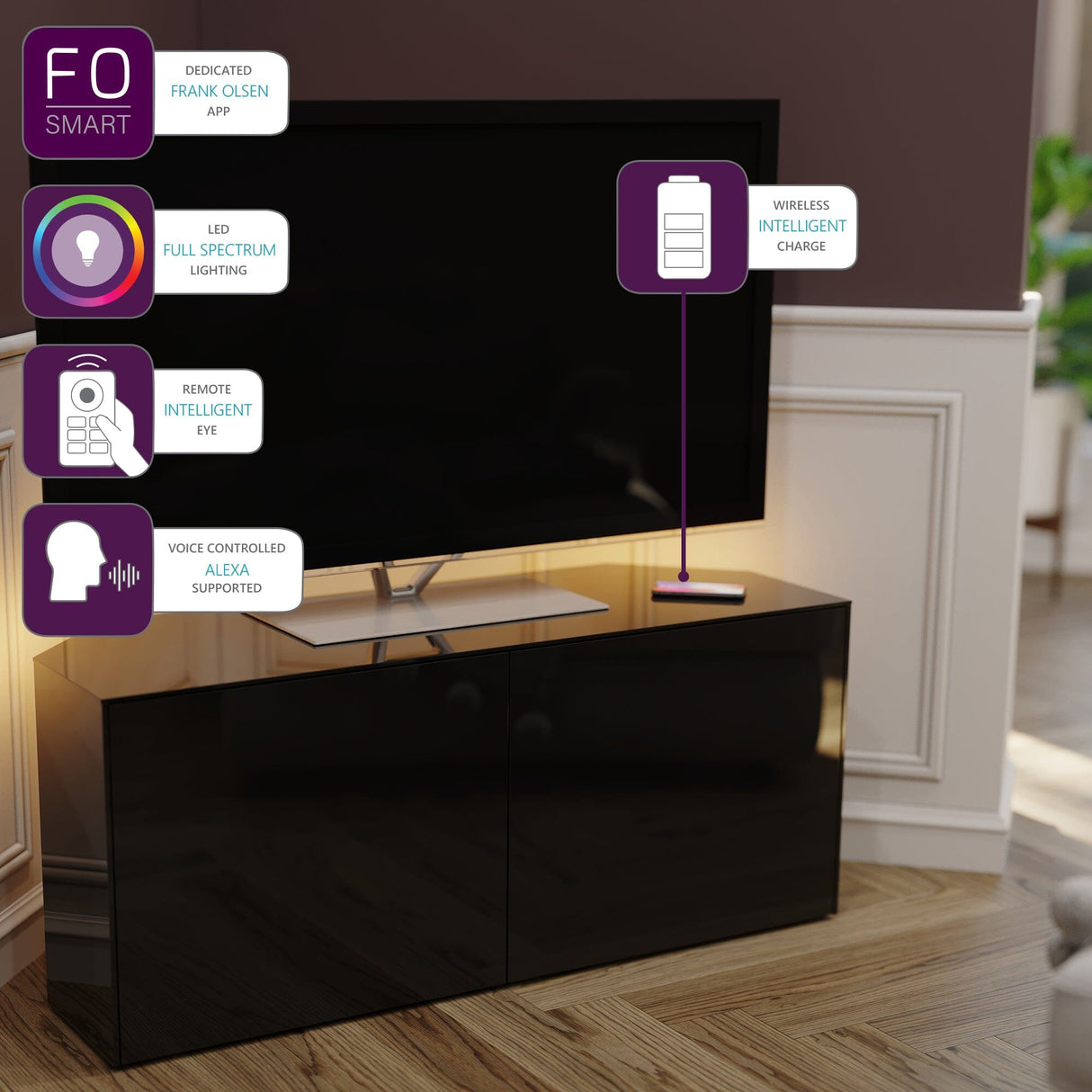 Frank Olsen High Gloss Black 1200mm Corner TV Cabinet with LED Lighting and Wireless Phone Charging