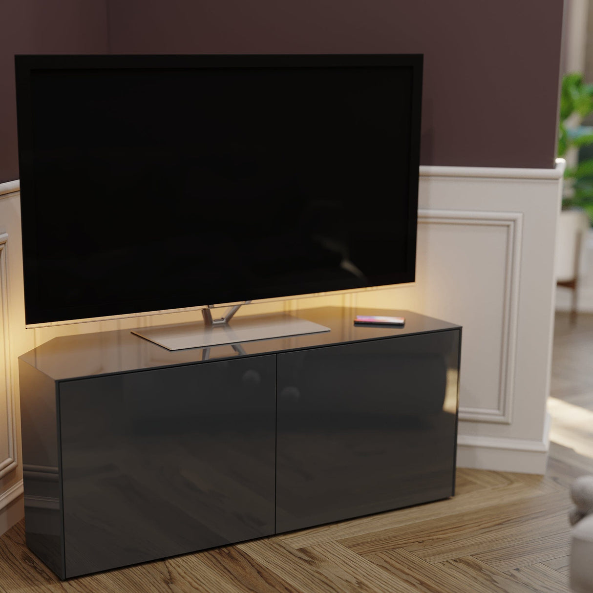 Frank Olsen High Gloss Grey 1200mm Corner TV Cabinet with LED Lighting and Wireless Phone Charging
