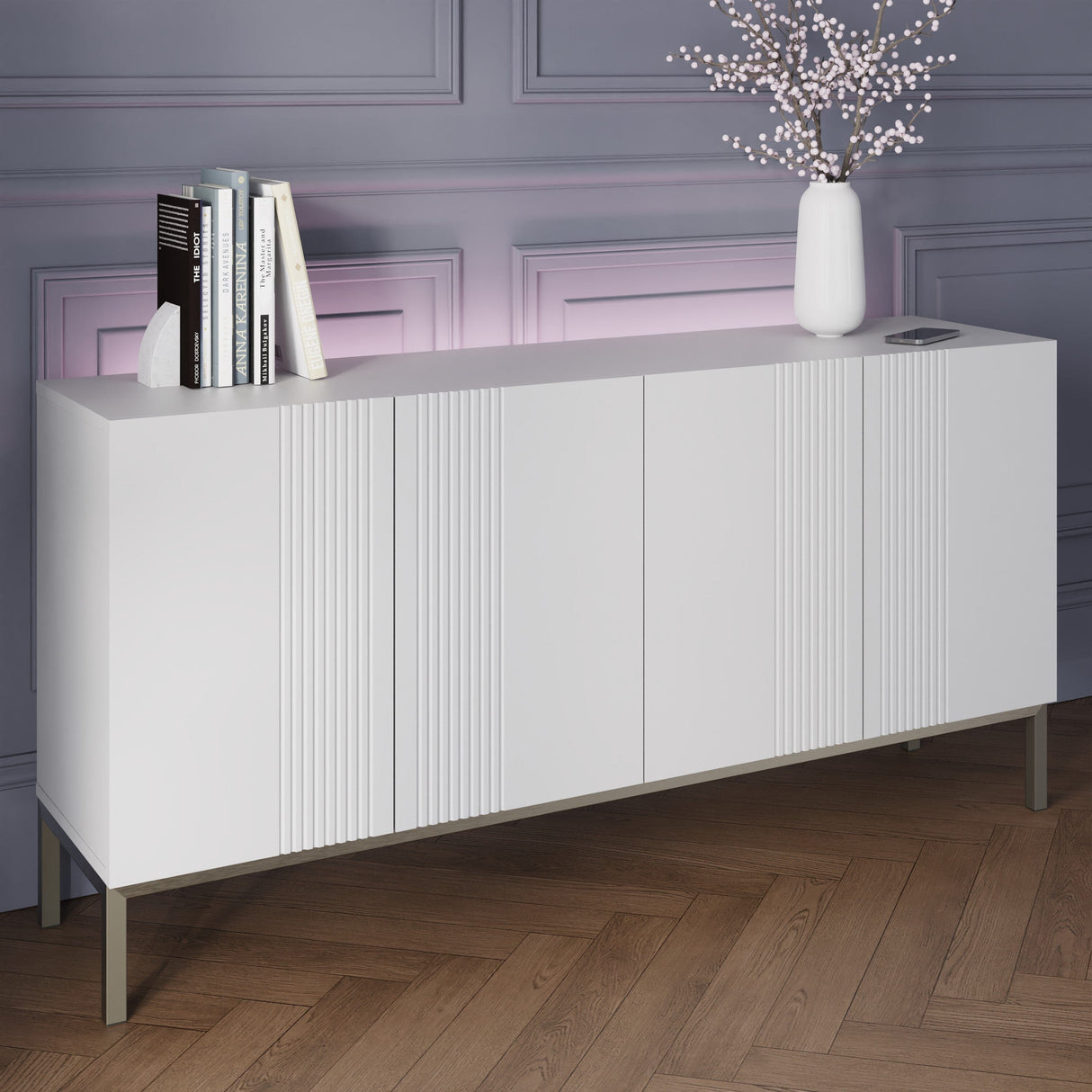 Frank Olsen Iona White Sideboard with Mood Lighting & Wireless Phone Charging