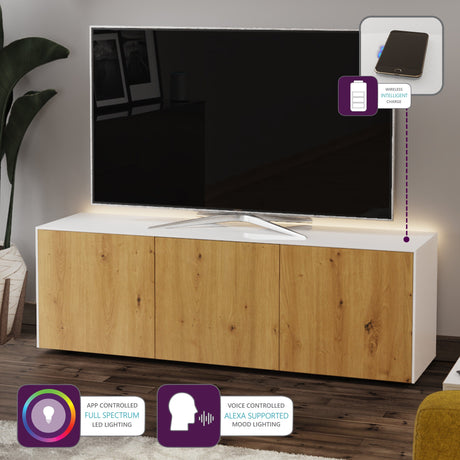 Frank Olsen High Gloss White and Oak 1500mm TV Cabinet with LED Lighting and Wireless Phone Charging